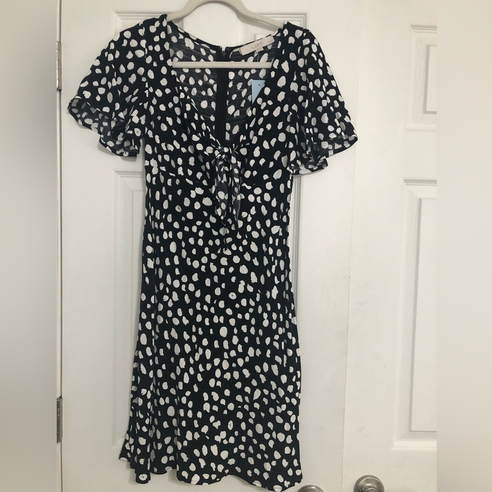 Loft petites black white polka dot tie front flutter sleeve dress women’s‎ SP
